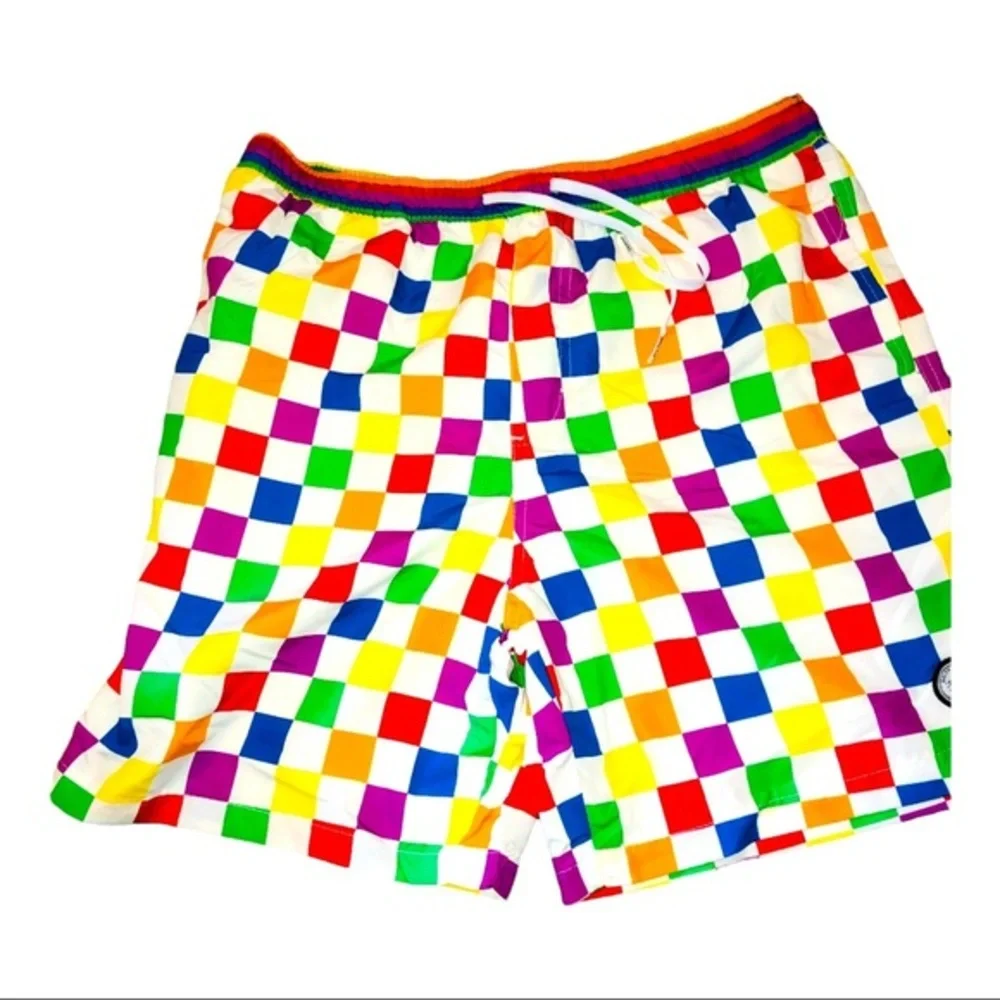 white & Rainbow checkered men’s swim‎ trunk new size large